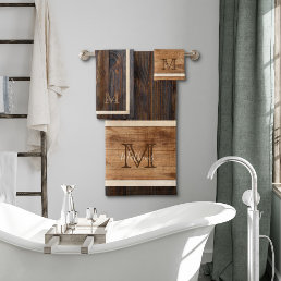 Rustic Wood Tone Stripe Monogram Bath Towel Set
