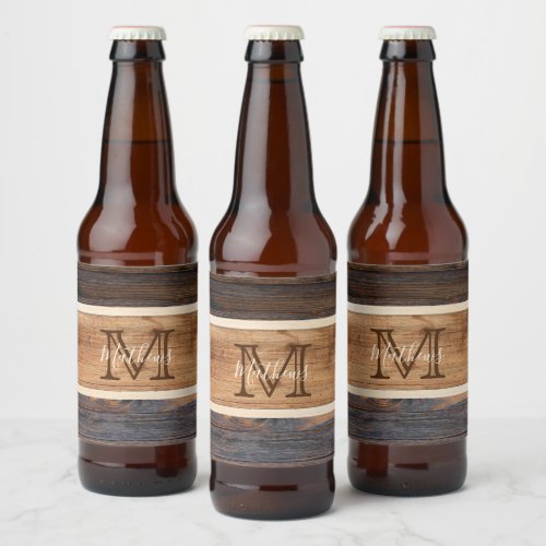 Rustic Wood Tone Stripe Monogram Beer Bottle Label