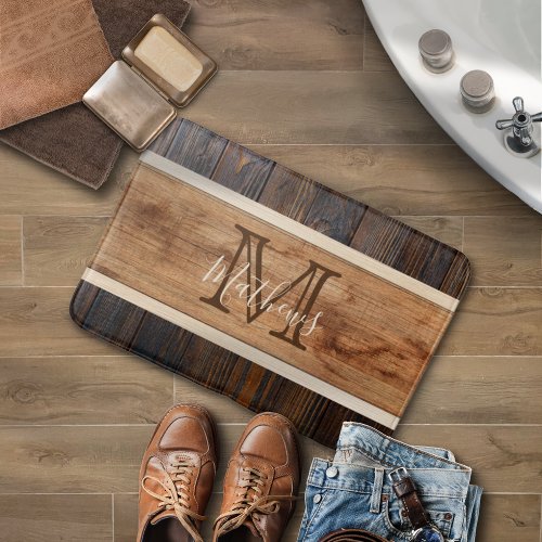 Rustic Wood Tone Stripe Monogram Brown Bath Mat