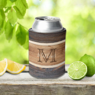 Rustic Wood Tone Stripe Monogram Can Cooler
