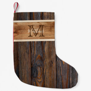 Rustic Wood Tone Stripe Monogram Small Christmas Stocking