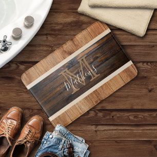 Rustic Wood Tone Stripe Monogram Tan Bath Mat