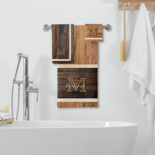 Rustic Wood Tone Stripe Monogram Tan Br Bath Towel Set