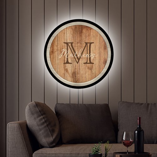 Rustic Wood Tone Stripe Monogram Tan LED Sign
