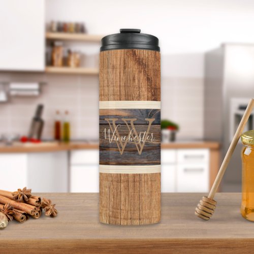 Rustic Wood Tone Stripe Tan Thermal Tumbler