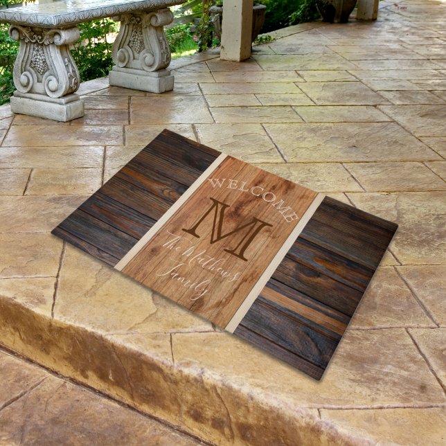 Rustic Wood Tone Vertical Stripe Monogram Doormat (Creator Uploaded)