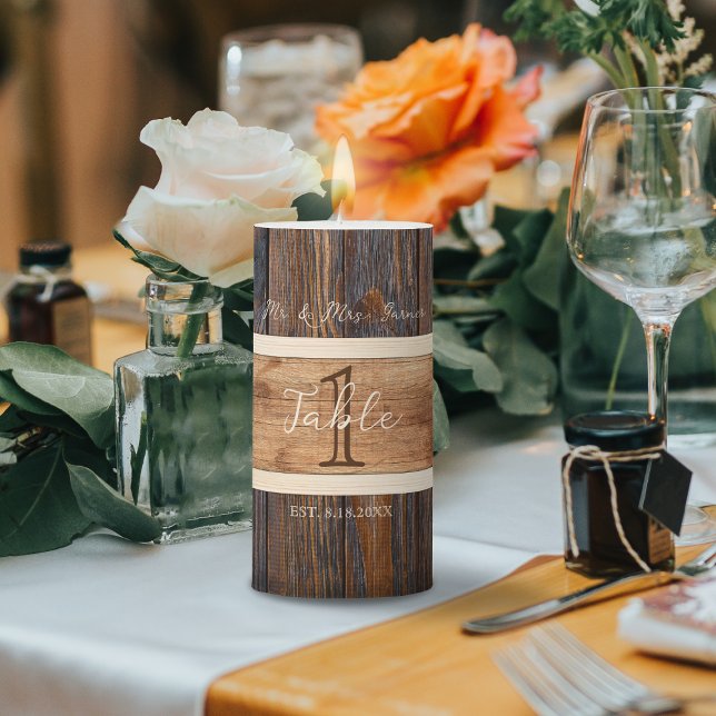 Rustic Wood Tone Wedding 3 x 6 Table Marker Pillar Candle (Creator Uploaded)
