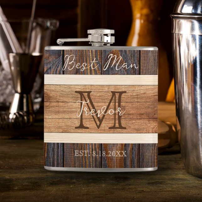 Rustic Wood Tone Wedding Best Man Flask (Creator Uploaded)