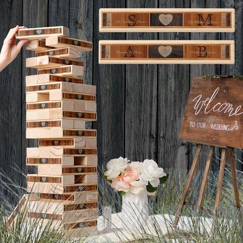 Rustic Wood Tone Wedding Bride Groom Heart  Topple Topple Tower