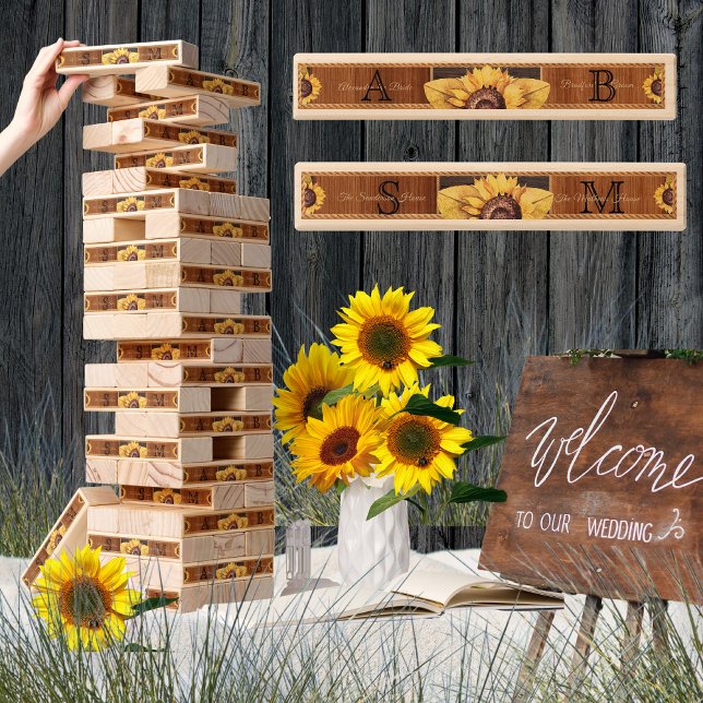 Rustic Wood Tone Wedding Bride Groom Sunflower Topple Tower (Creator Uploaded)