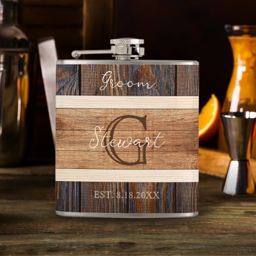 Rustic Wood Tone Wedding Groom Flask