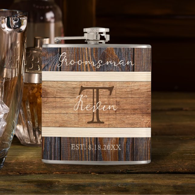 Rustic Wood Tone Wedding Groomsman Flask (Creator Uploaded)