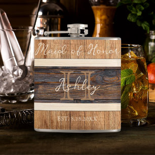 Rustic Wood Tone Wedding Maid of Honor Flask
