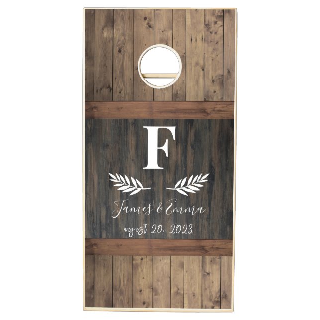 Rustic Wood Tone Wedding Monogram Cornhole Set (Left)