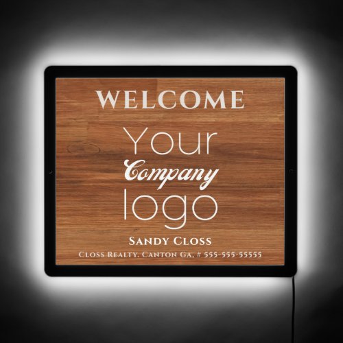 Rustic Wood Tone Welcome Add Your Logo LED Sign