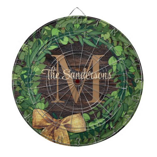 Rustic Wood Tone Wreath Monogram  Dart Board