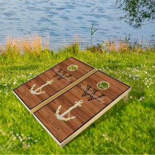 Rustic Wood Tones Anchor Nautical coastal Cornhole Set