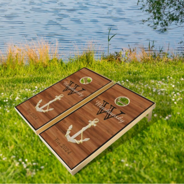 Rustic Wood Tones Anchor Nautical coastal Cornhole Set (Creator Uploaded)
