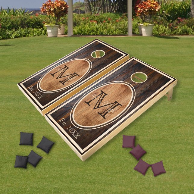 Rustic Wood Tones Monogram Oval Cornhole Set (Creator Uploaded)
