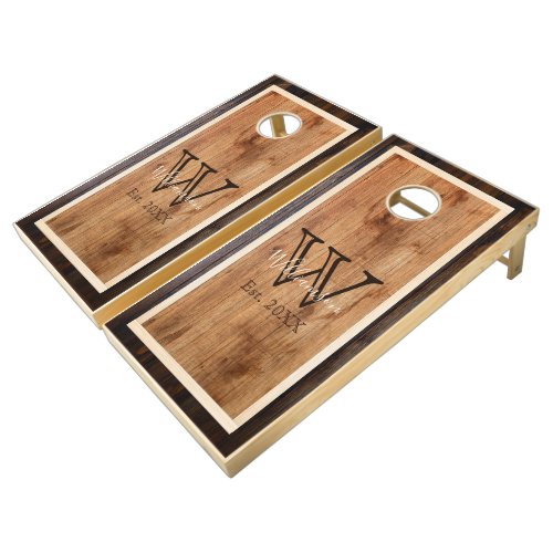 Rustic Wood Tones Monogram Square Design Cornhole Set