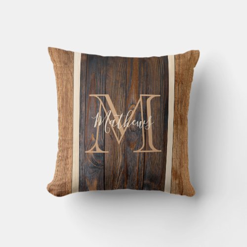 Rustic Wood Tones Monogram Stripe Throw Pillow