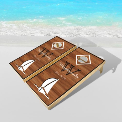 Rustic Wood Tones Nautical Monogram Sailboat Cornhole Set