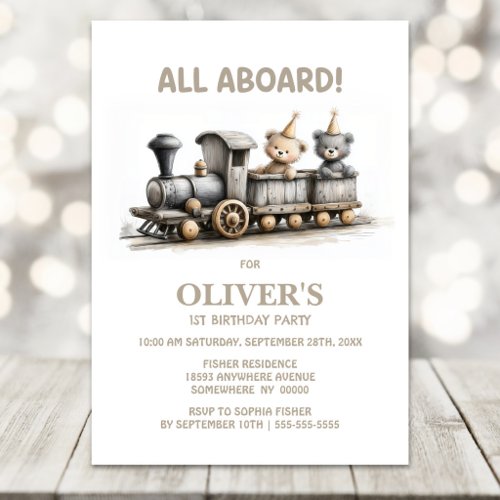 Rustic Wood Train Teddy Bear 1st Birthday Party Invitation