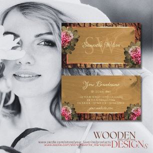 Rustic Wood Tree Bark Blooming Pink Roses Monogram Business Card