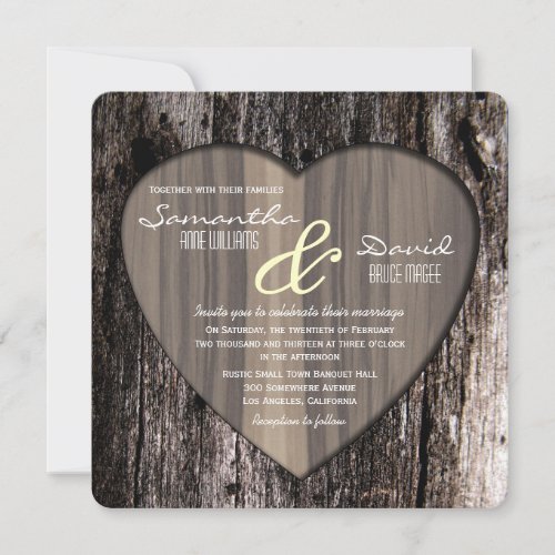 Rustic Wood Tree Bark Heart Wedding Custom Announcements