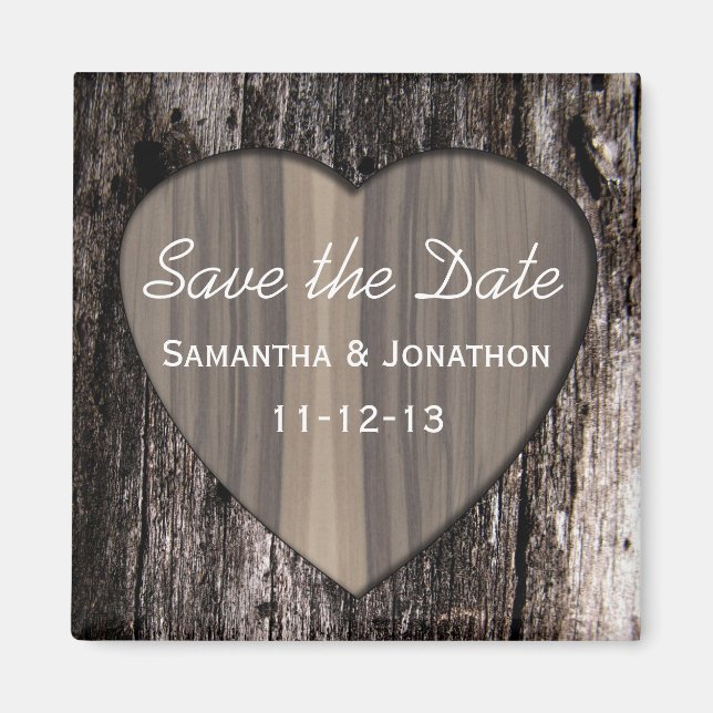 Rustic Wood Tree Bark Heart Wedding Save the Date Magnet (Front)