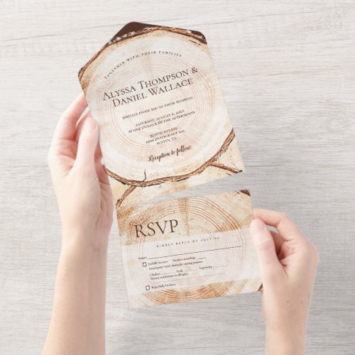 Rustic wood Tree bark rings Unique Wedding All In One Invitation