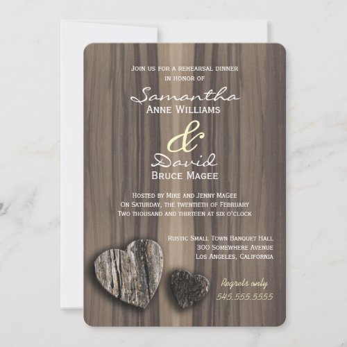 Rustic Wood Tree Bark Two Hearts Rehearsal Dinner Invitation