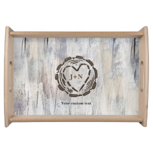 Rustic Wood Tree Carved Heart Wooden Look Custom Serving Tray