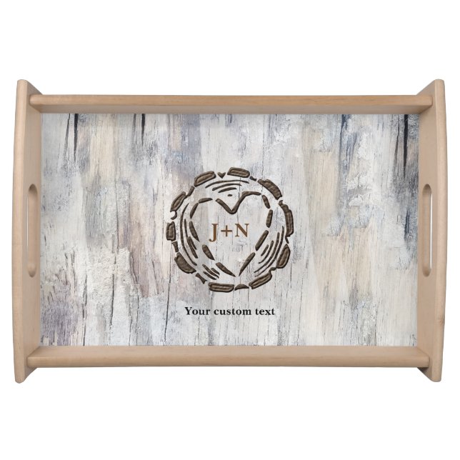 Rustic Wood Tree Carved Heart Wooden Look Custom Serving Tray (Front)