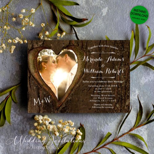 Rustic Wood Tree Heart Photo Wedding Invitation