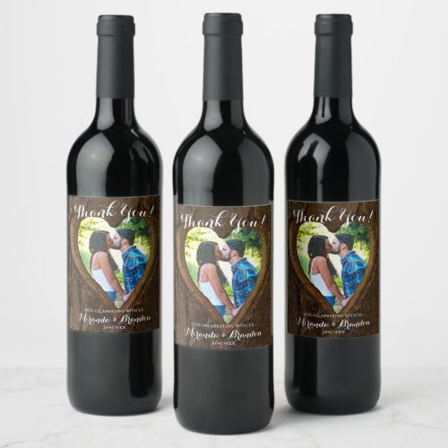 Rustic Wood Tree Heart Photo Wedding Thank You Wine Label