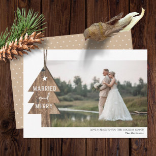 Rustic Wood Tree Ornament Married Christmas Photo Holiday Card