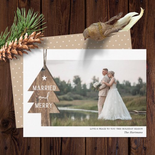 Rustic Wood Tree Ornament Married Christmas Photo Holiday Card