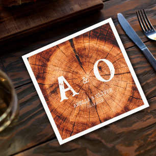 Rustic Wood Tree Slice Monogram Wedding Napkins