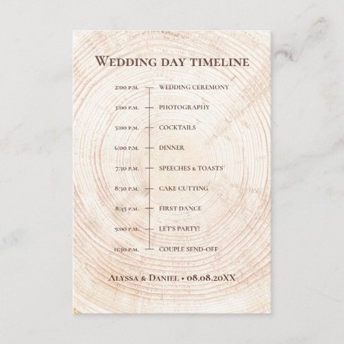 Rustic Wood tree slice Wedding day Timeline Enclosure Card
