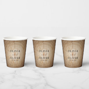 Rustic wood tree stump barn wedding paper cups