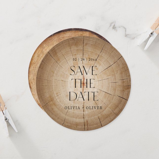 Rustic wood tree stump barn wedding save the date invitation (Front/Back In Situ)