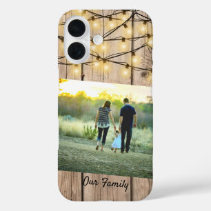 Rustic Wood Trendy Family Photo Lights Custom iPhone 16 Case