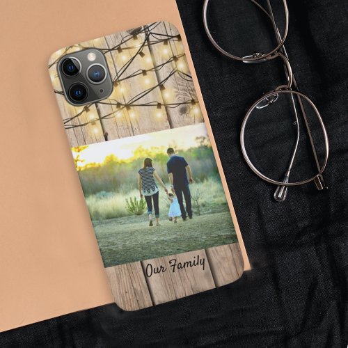 Rustic Wood Trendy Family Photo Lights Custom  iPhone 11 Pro Max Case