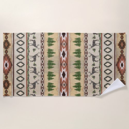 Rustic Wood Tribal Pattern Deer Mountain n Tree Beach Towel