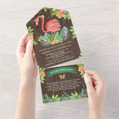Rustic Wood Tropical Cute Flamingo Baby Shower All In One Invitation