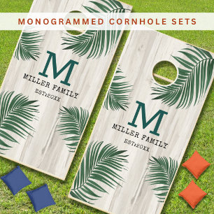 Rustic Wood Tropical Leaves Family Name Monogram Cornhole Set