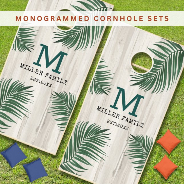 Rustic Wood Tropical Leaves Family Name Monogram Cornhole Set (Rustic Wood Tropical Leaves Family Name Monogram Cornhole Set
)