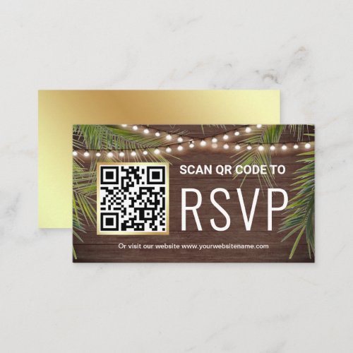 Rustic Wood Tropical Palm QR Code RSVP Wedding Enclosure Card