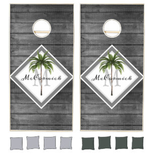 Rustic Wood Tropical Palm Tree Family Monogram Cornhole Set
